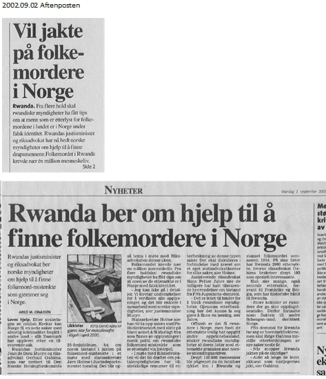 Avisutklipp: «Vil jakte på folkemordere i Norge» og «Rwanda ber om hjelp til å finne folkemordere i Norge»